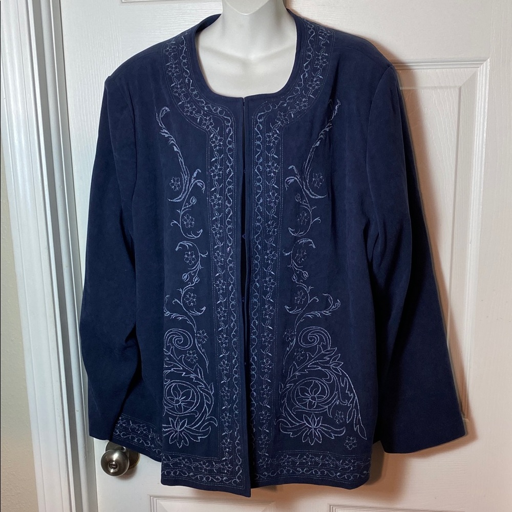 Susan Graver Navy Blue Floral Jacket Plus Size 3X Embroidered hook clasp closure